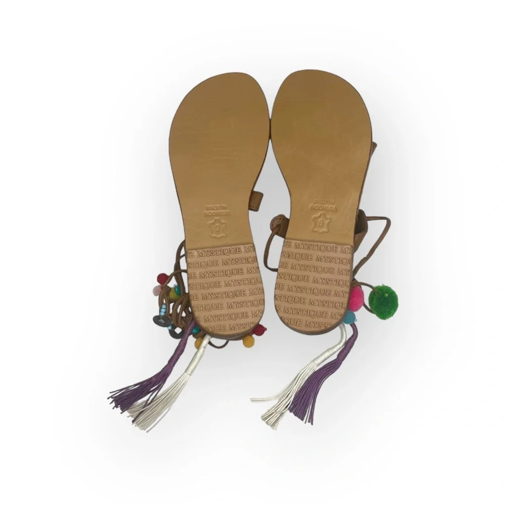 VHTF: new Mystique x Anthro 𖦹 Tokyo Pom Pom Ankle Wrap Toe Loop Leather Sandal - Picture 10 of 16